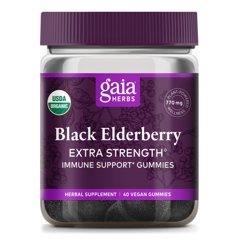 Gaia Herbs, Black Elderberry extra Strength, 40 Vegan Gummies UPC 751063151511 | HiLife Vitamins